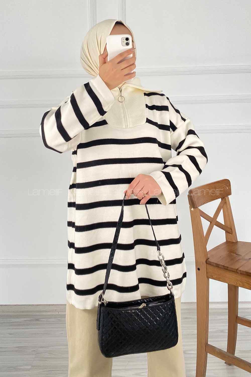 Modalamelif Yarım Fermuar Detaylı Çizgili Kazak Beyaz-Siyah