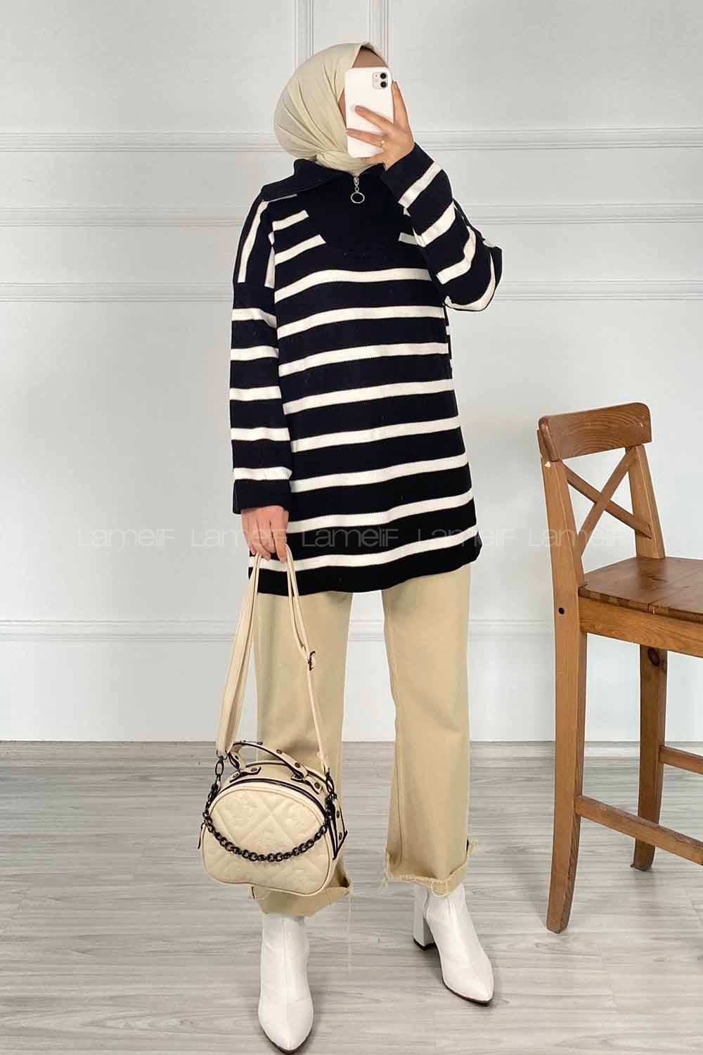 Modalamelif Yarım Fermuar Detaylı Çizgili Kazak Siyah-Beyaz