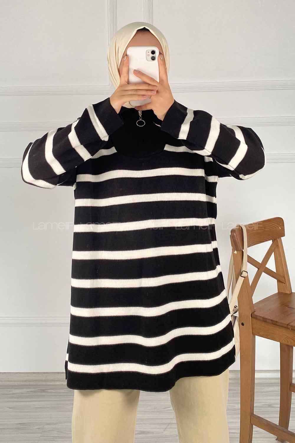 Modalamelif Yarım Fermuar Detaylı Çizgili Kazak Siyah-Beyaz