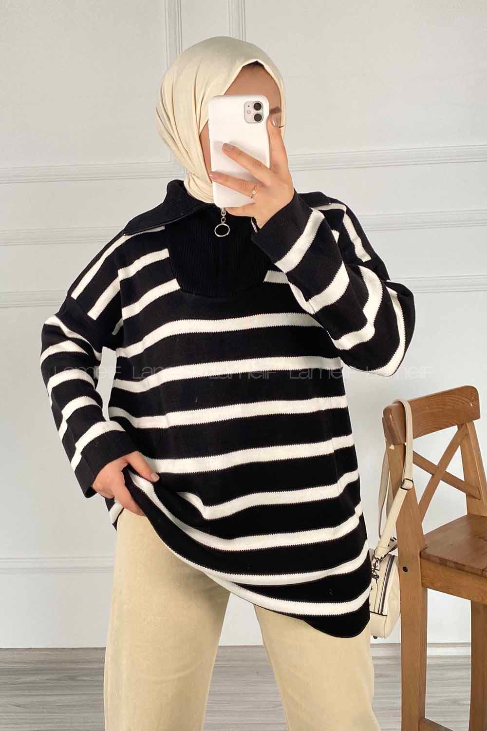 Modalamelif Yarım Fermuar Detaylı Çizgili Kazak Siyah-Beyaz