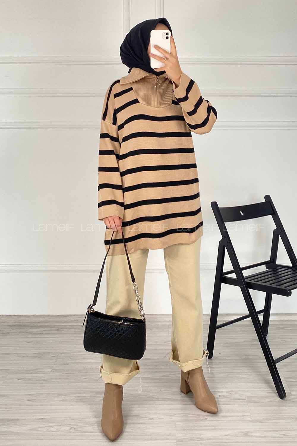 Modalamelif Yarım Fermuar Detaylı Çizgili Kazak Sütlükahve