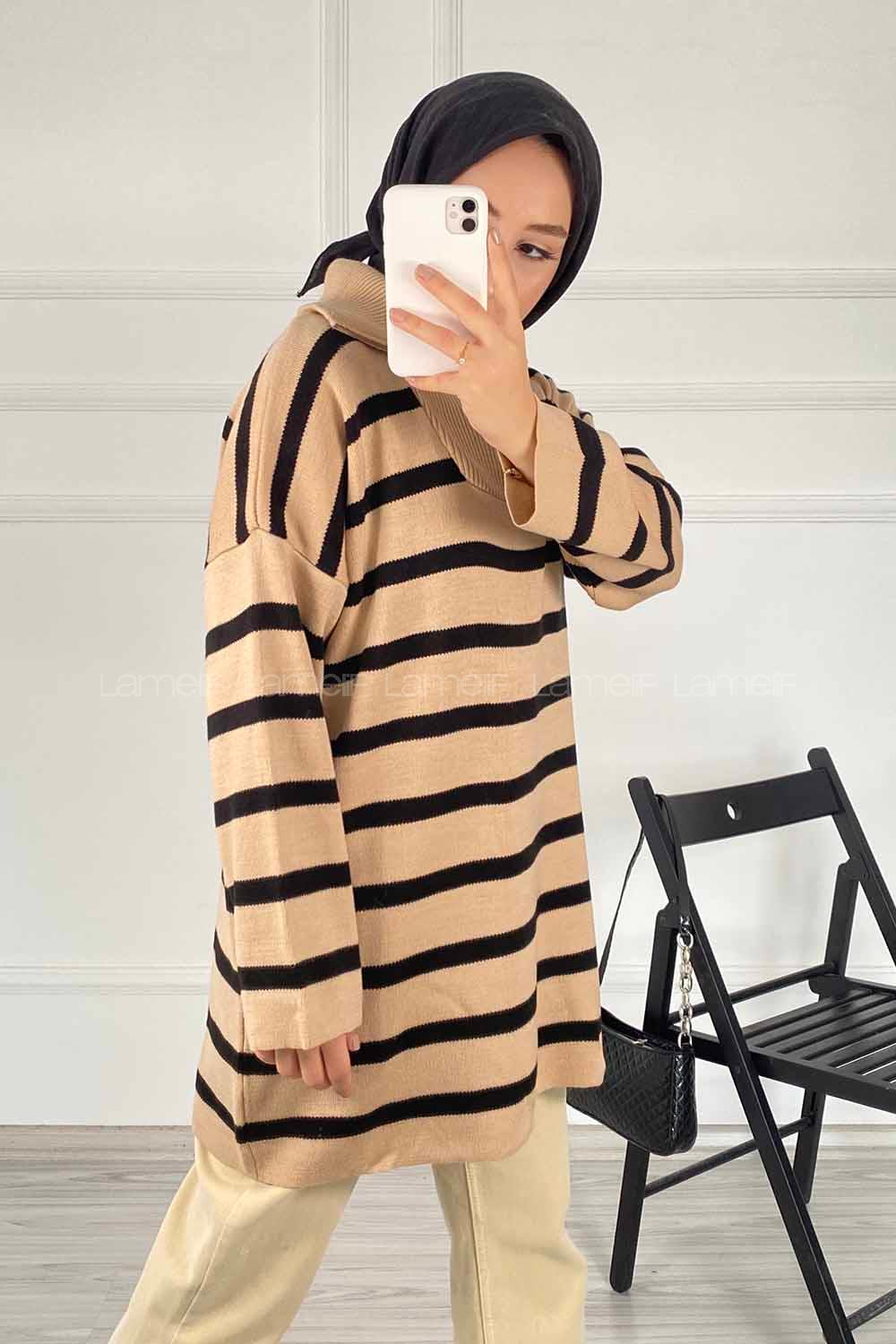 Modalamelif Yarım Fermuar Detaylı Çizgili Kazak Sütlükahve