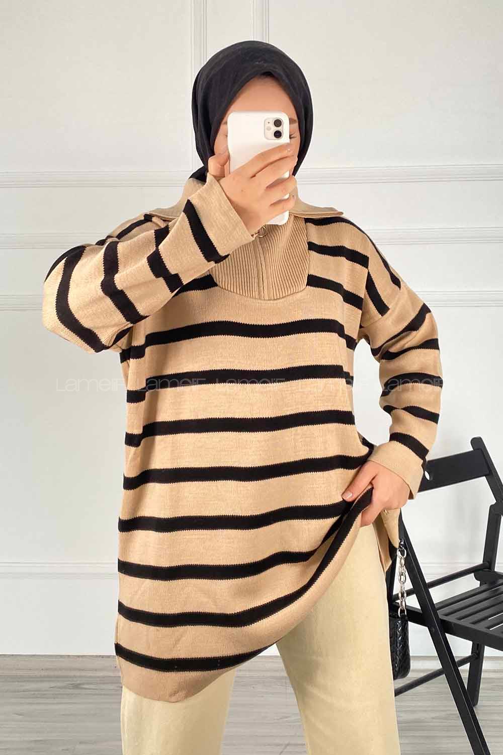 Modalamelif Yarım Fermuar Detaylı Çizgili Kazak Sütlükahve