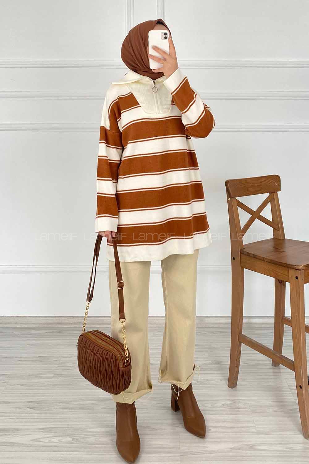 Modalamelif Yarım Fermuar Detaylı Kalın Çizgili Kazak Kahverengi