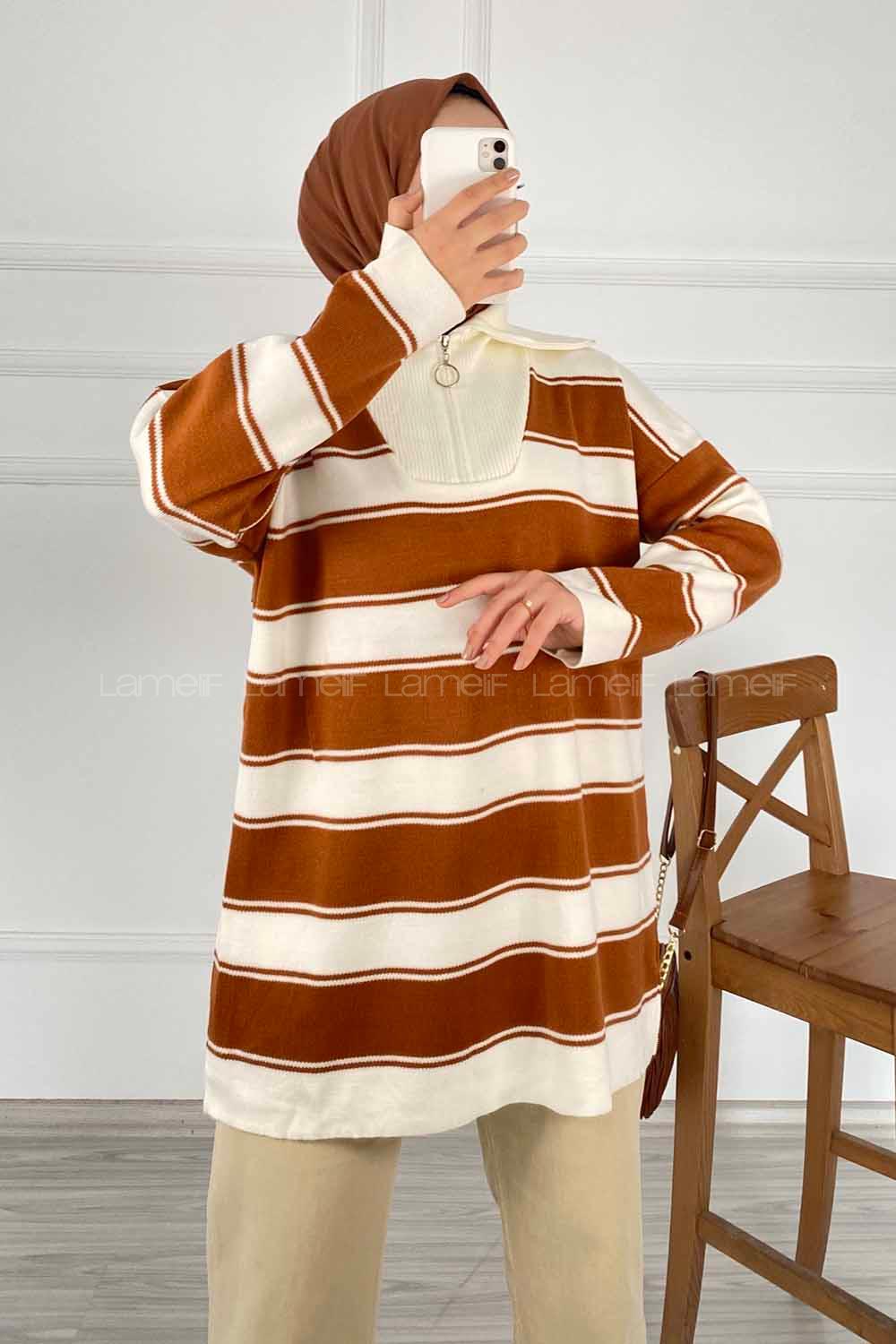 Modalamelif Yarım Fermuar Detaylı Kalın Çizgili Kazak Kahverengi