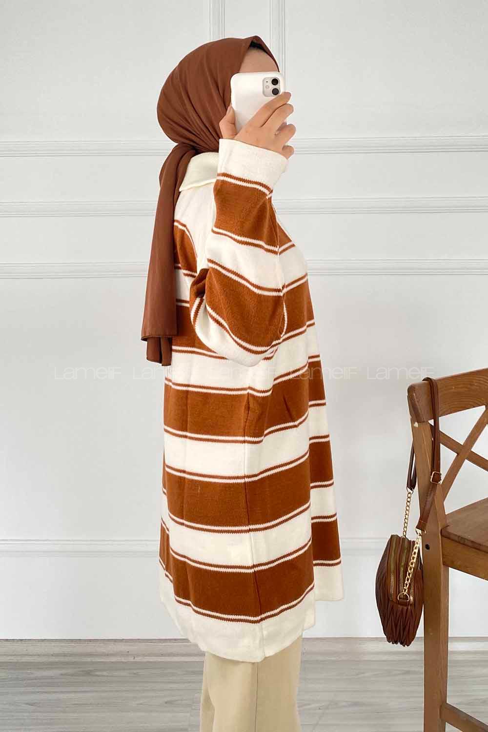 Modalamelif Yarım Fermuar Detaylı Kalın Çizgili Kazak Kahverengi