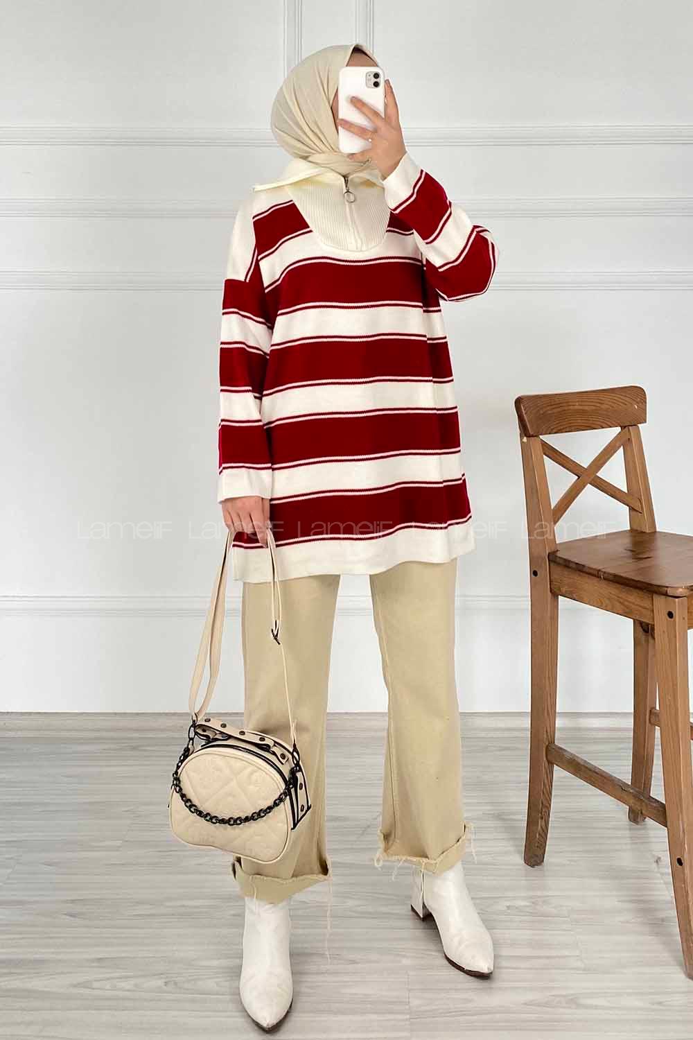 Modalamelif Yarım Fermuar Detaylı Kalın Çizgili Kazak Kırmızı