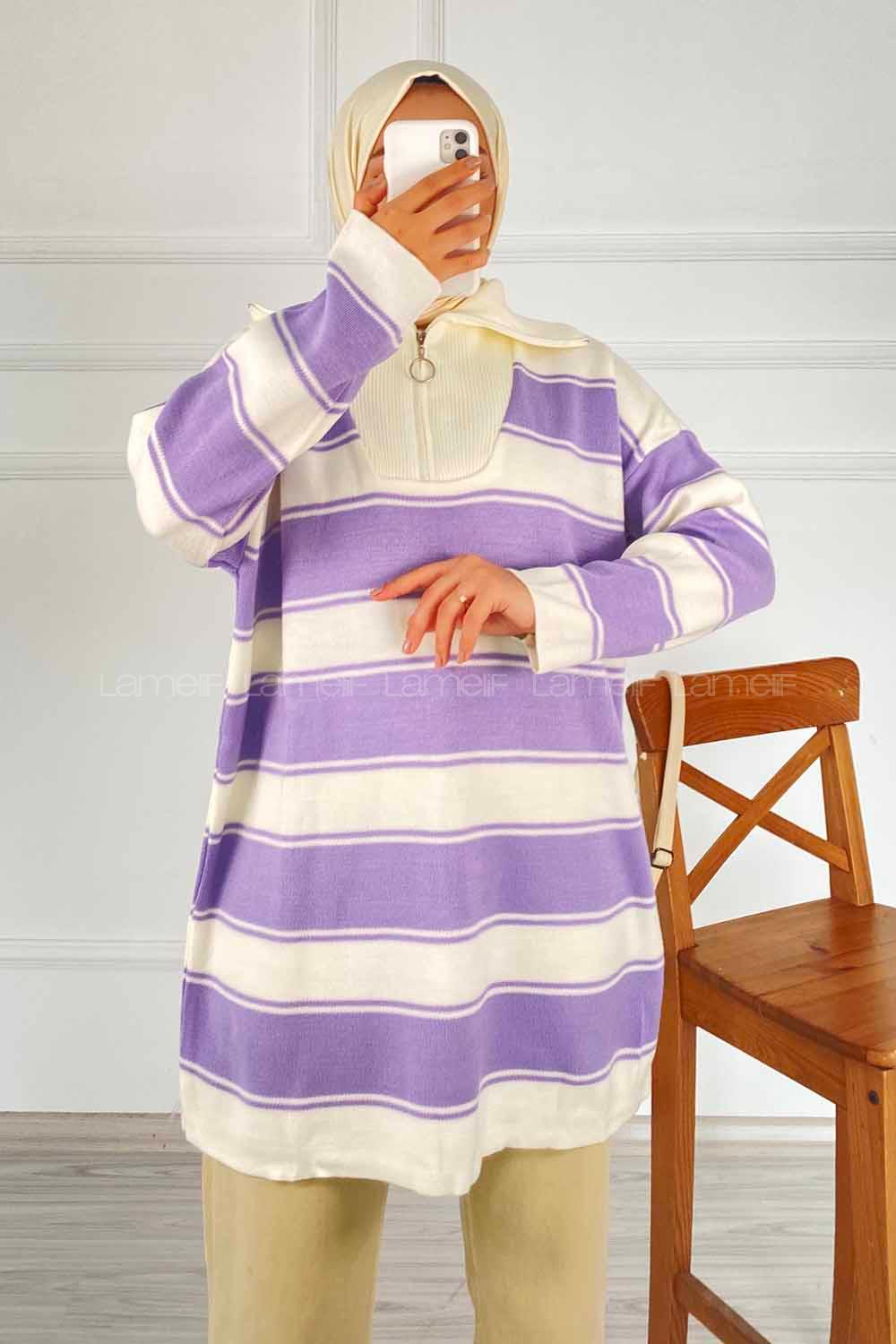 Modalamelif Yarım Fermuar Detaylı Kalın Çizgili Kazak Lila