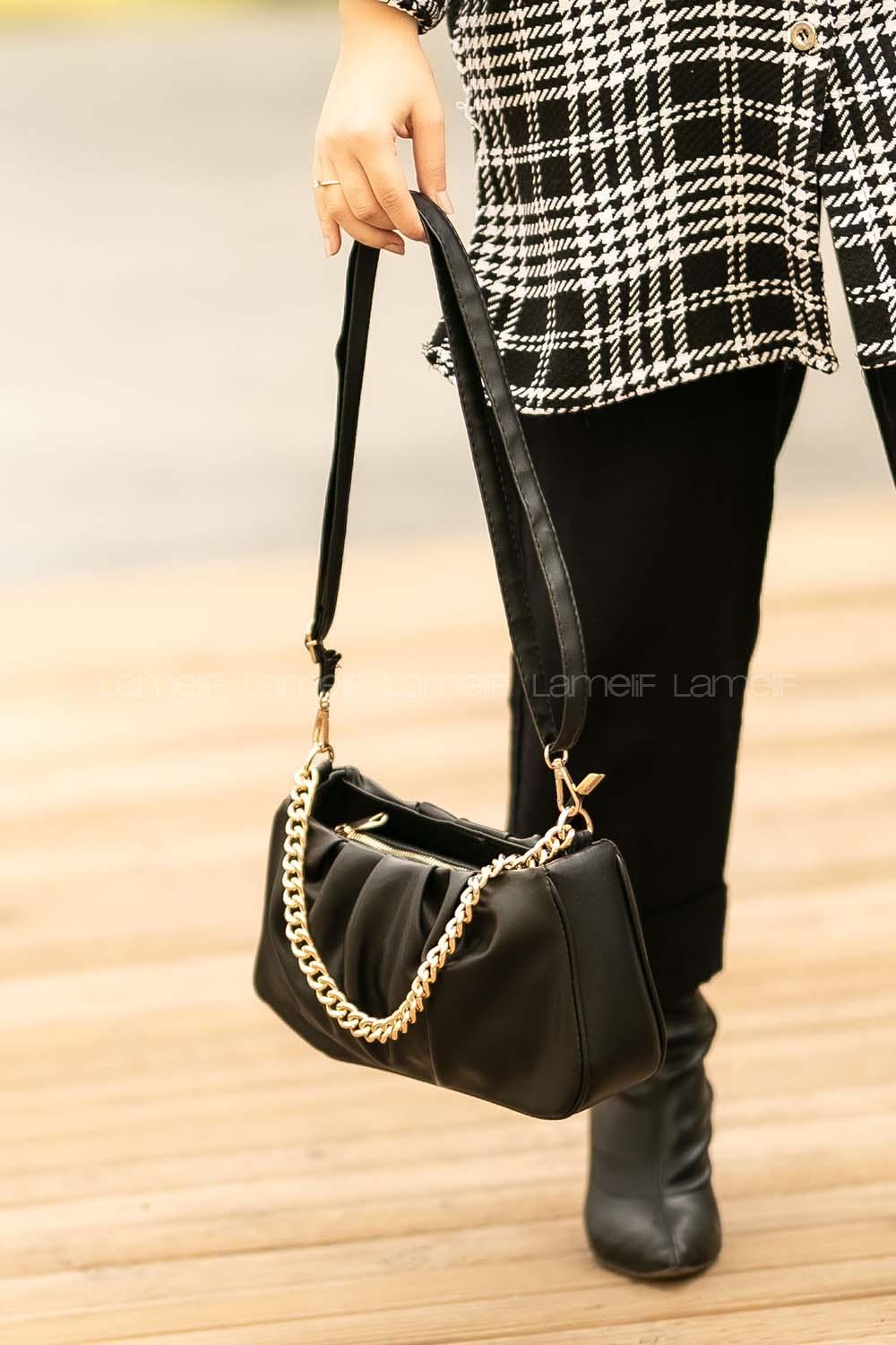 Lamelif Zincir Aksesuarlı Büzgülü Kadın Çanta Siyah