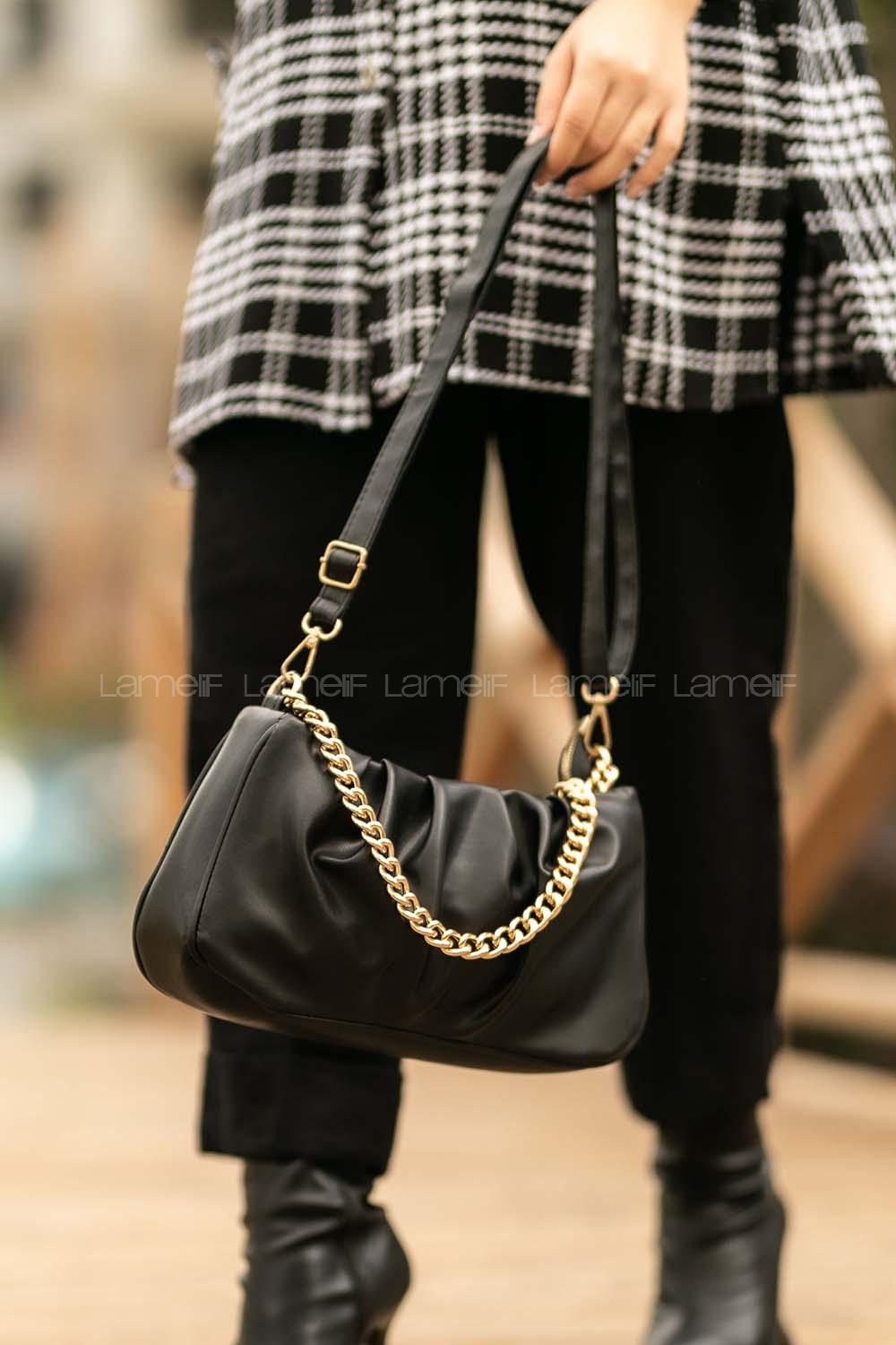 Lamelif Zincir Aksesuarlı Büzgülü Kadın Çanta Siyah