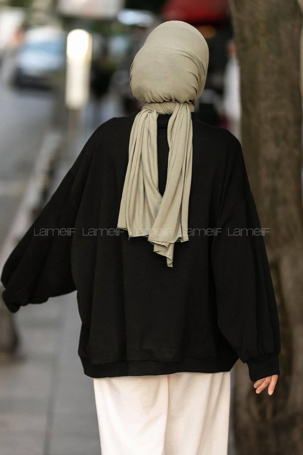 Lamelif Balon Kol Yaka Ve Etek Ucu Manşetli Bol Sweat Siyah
