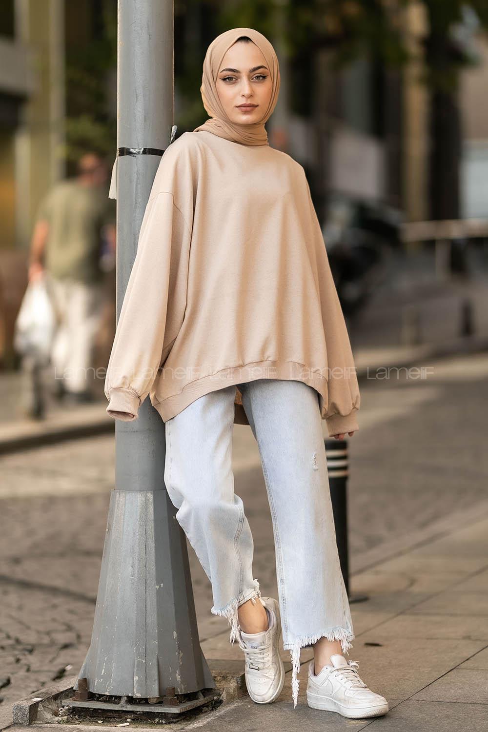 Lamelif Balon Kol Yaka Ve Etek Ucu Manşetli Bol Sweat Sütlükahve