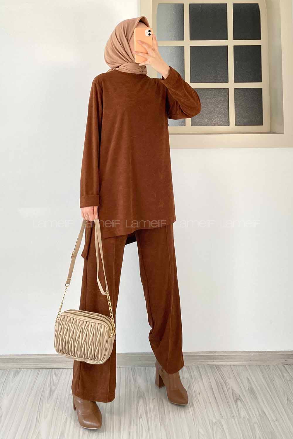 Modalamelif Bisiklet Yaka Duble Kol Yırtmaç Detaylı İkili Takım Kahverengi