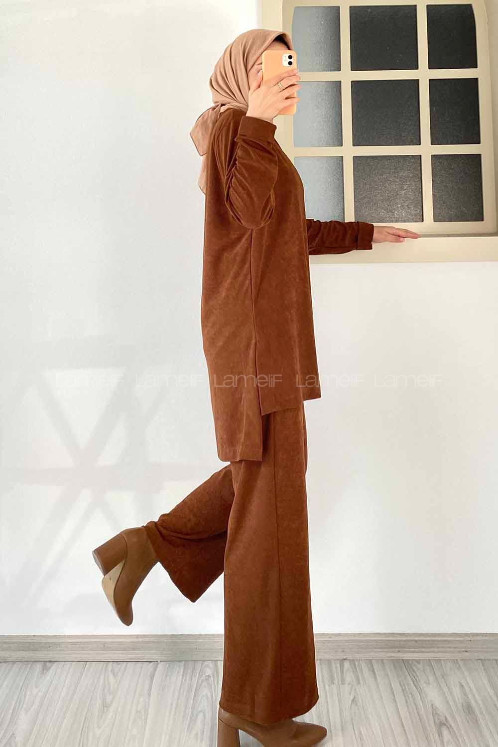 Modalamelif Bisiklet Yaka Duble Kol Yırtmaç Detaylı İkili Takım Kahverengi