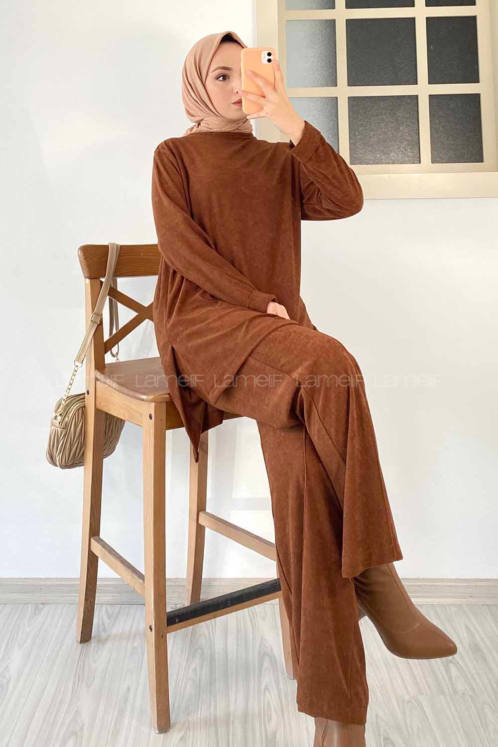 Modalamelif Bisiklet Yaka Duble Kol Yırtmaç Detaylı İkili Takım Kahverengi