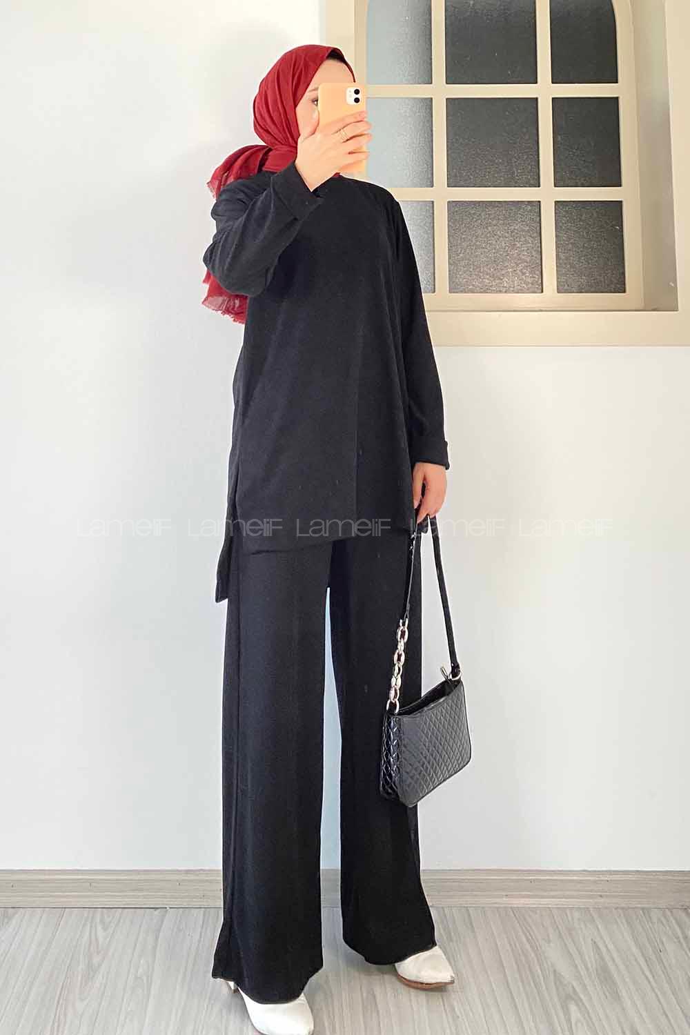 Modalamelif Bisiklet Yaka Duble Kol Yırtmaç Detaylı İkili Takım Siyah