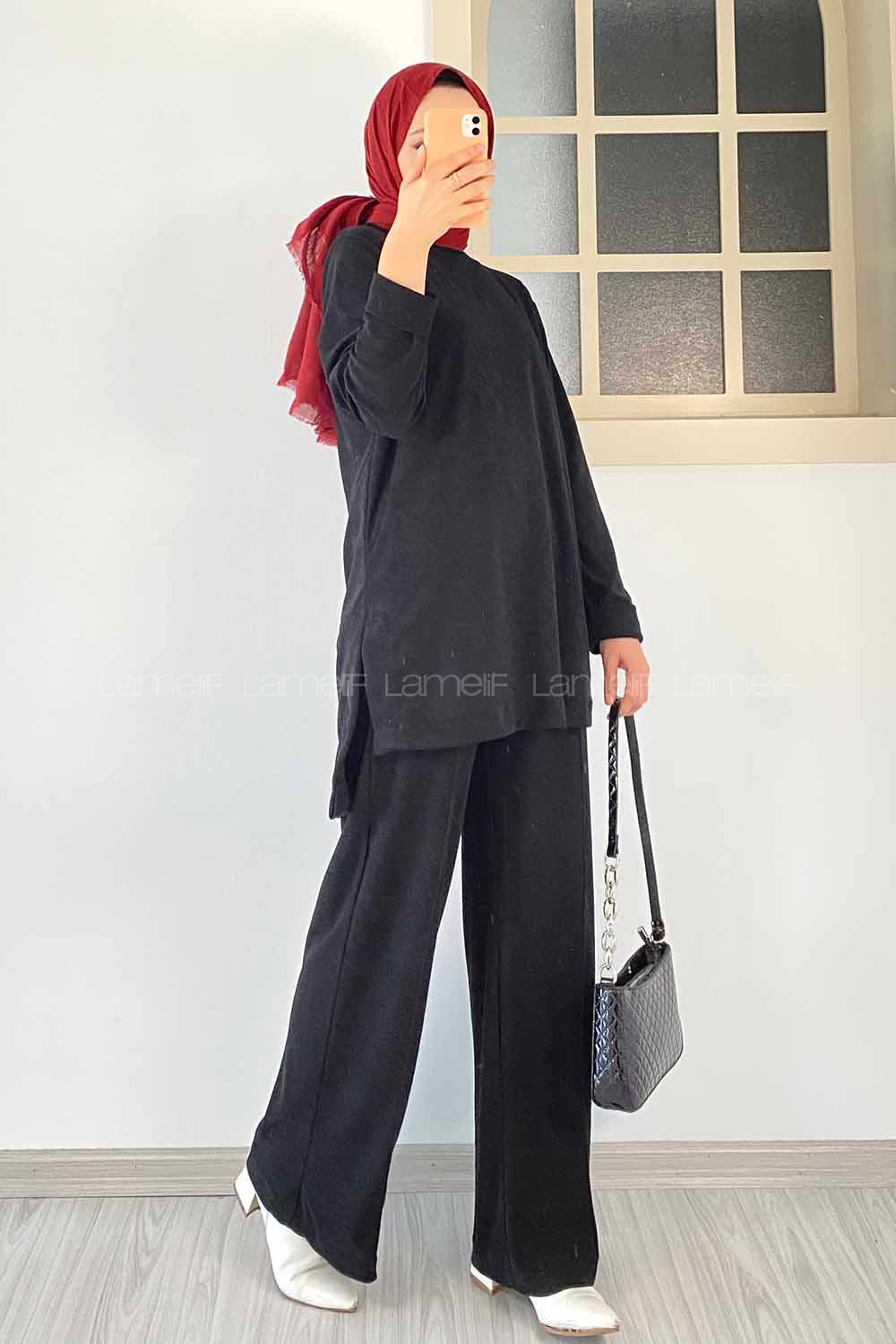 Modalamelif Bisiklet Yaka Duble Kol Yırtmaç Detaylı İkili Takım Siyah