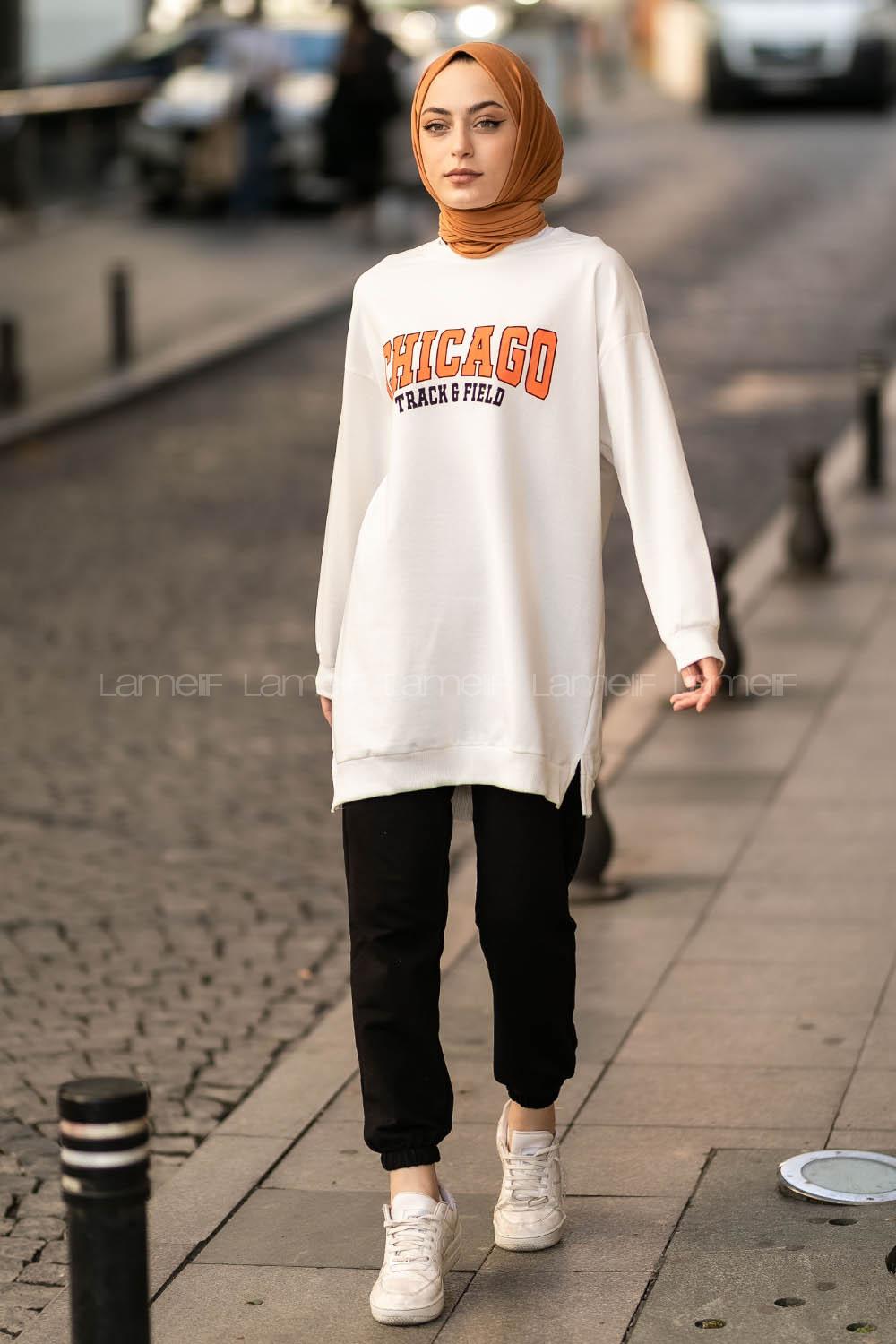 Modalamelif Chıcago Baskılı Yırtmaçlı Kol Lastikili Tunik Beyaz-Oranj