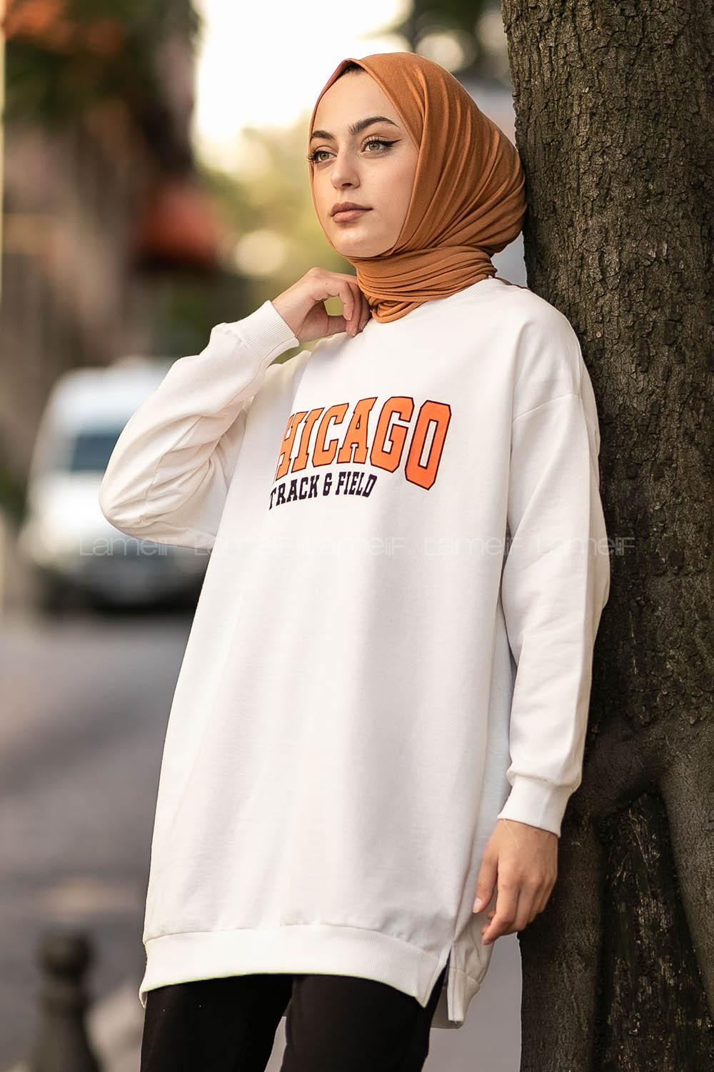 Modalamelif Chıcago Baskılı Yırtmaçlı Kol Lastikili Tunik Beyaz-Oranj