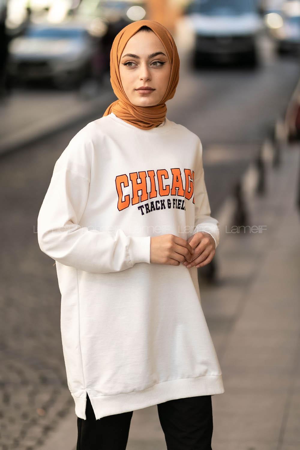 Modalamelif Chıcago Baskılı Yırtmaçlı Kol Lastikili Tunik Beyaz-Oranj