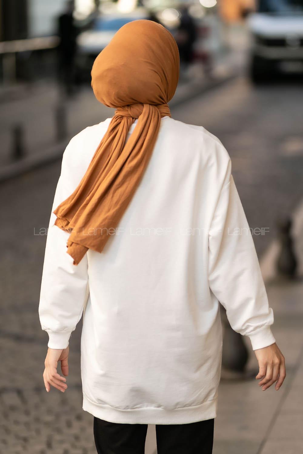 Modalamelif Chıcago Baskılı Yırtmaçlı Kol Lastikili Tunik Beyaz-Oranj