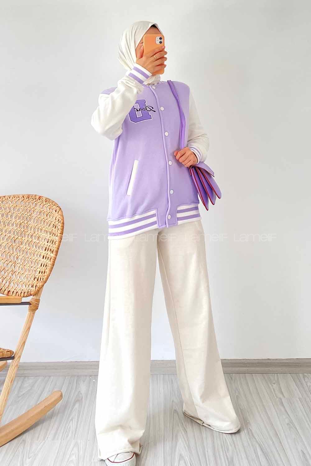 Modalamelif D Nakışlı Sırt Nakış İşlemeli Kolej Ceket Lila-Ekru