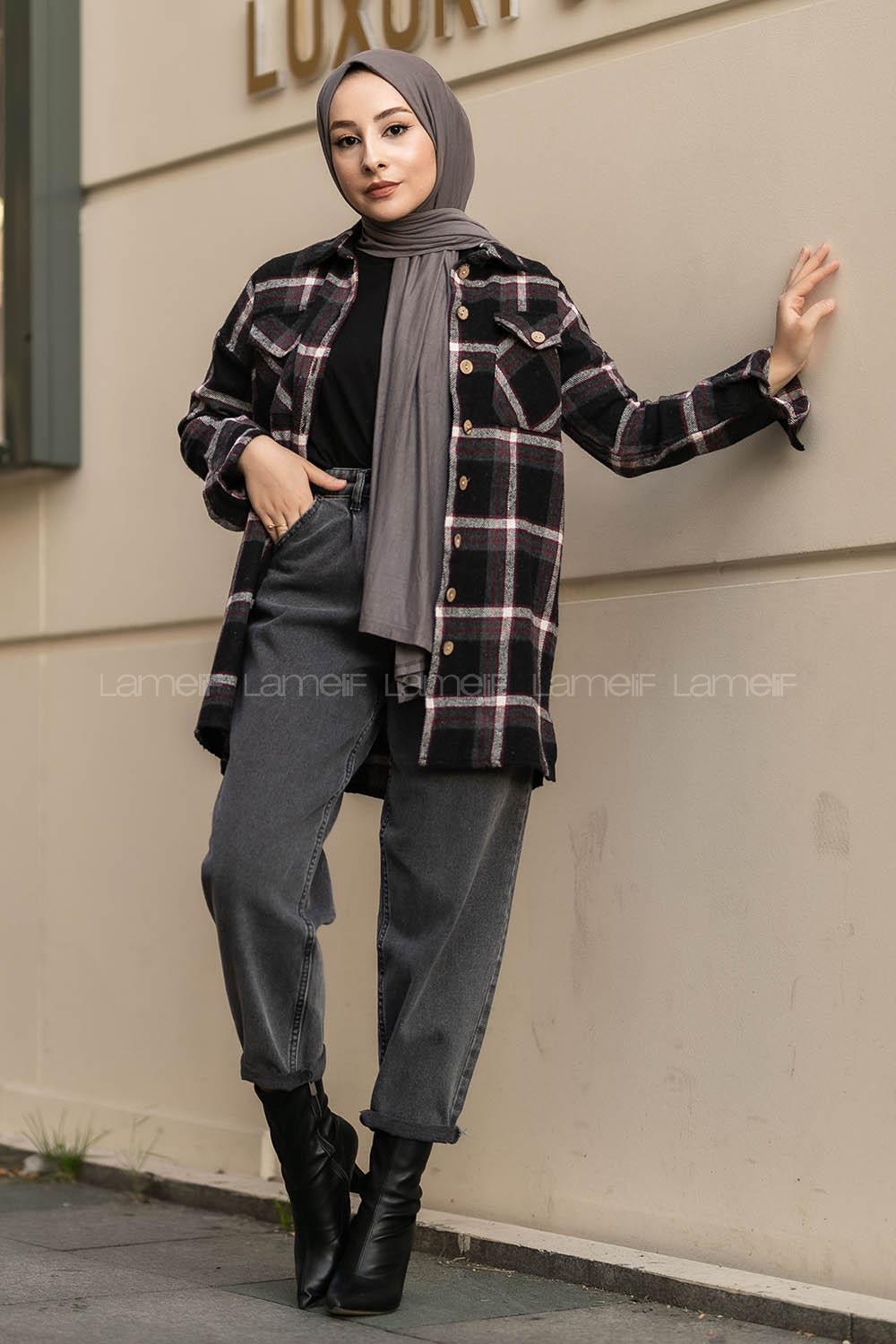 Modalamelif Ekose Desenli Çift Cepli Oduncu Gömlek Antrasit-Kırmızı