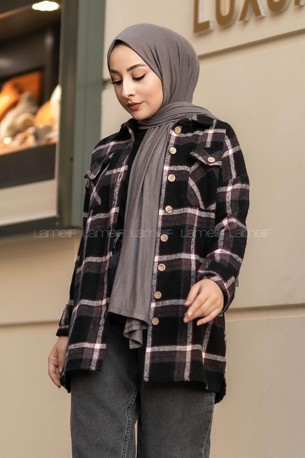 Modalamelif Ekose Desenli Çift Cepli Oduncu Gömlek Antrasit-Kırmızı