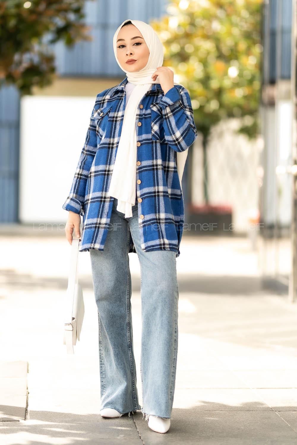 Modalamelif Ekose Desenli Çift Cepli Oduncu Gömlek Mavi