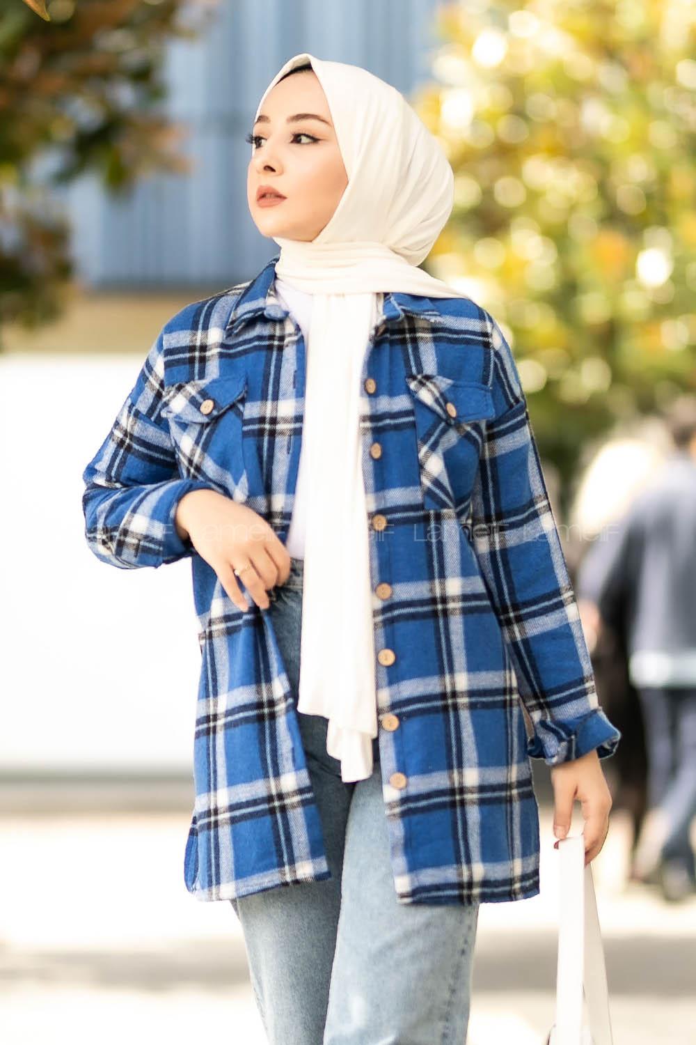 Modalamelif Ekose Desenli Çift Cepli Oduncu Gömlek Mavi