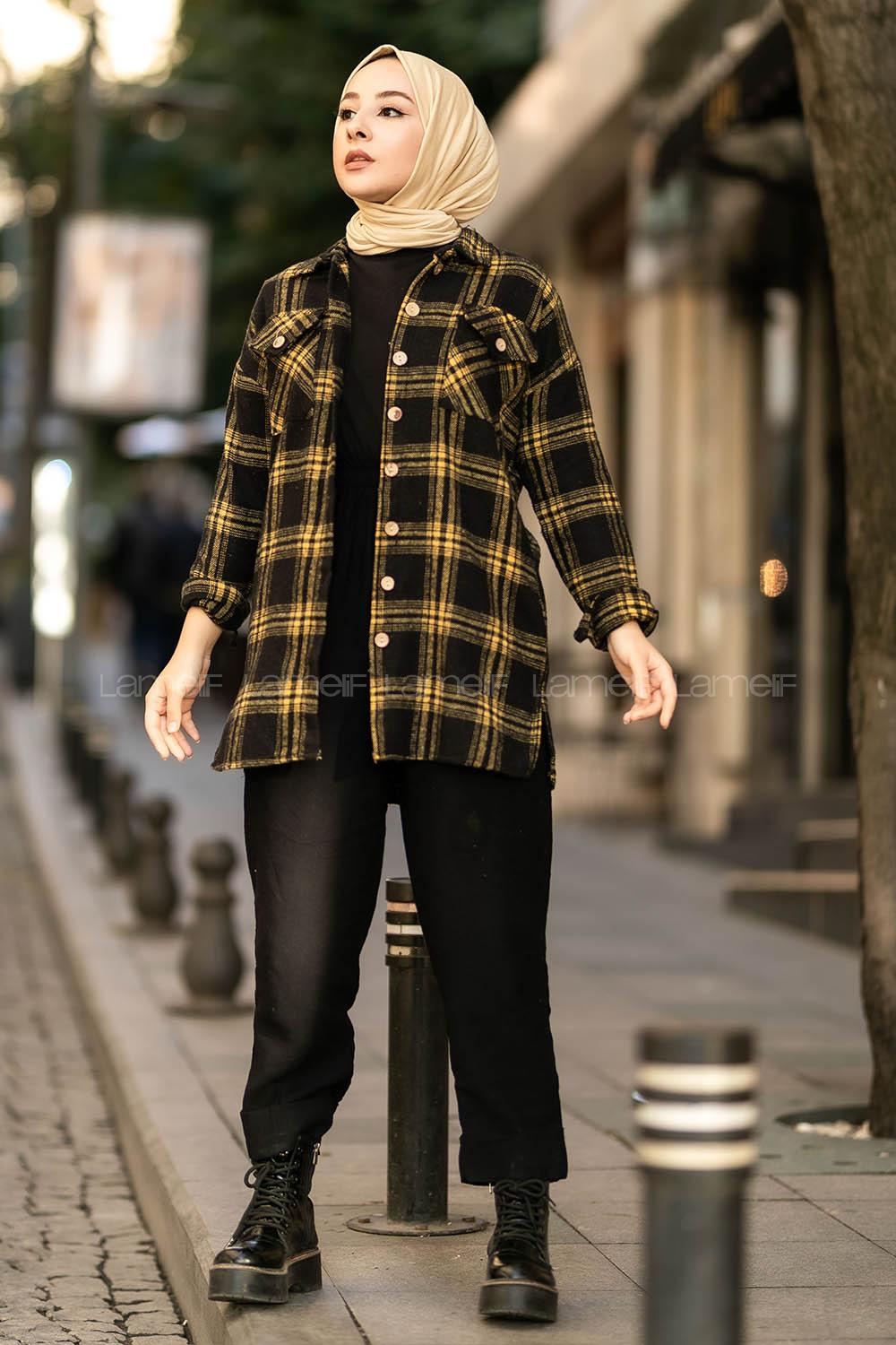 Modalamelif Ekose Desenli Çift Cepli Oduncu Gömlek Siyah-Sarı