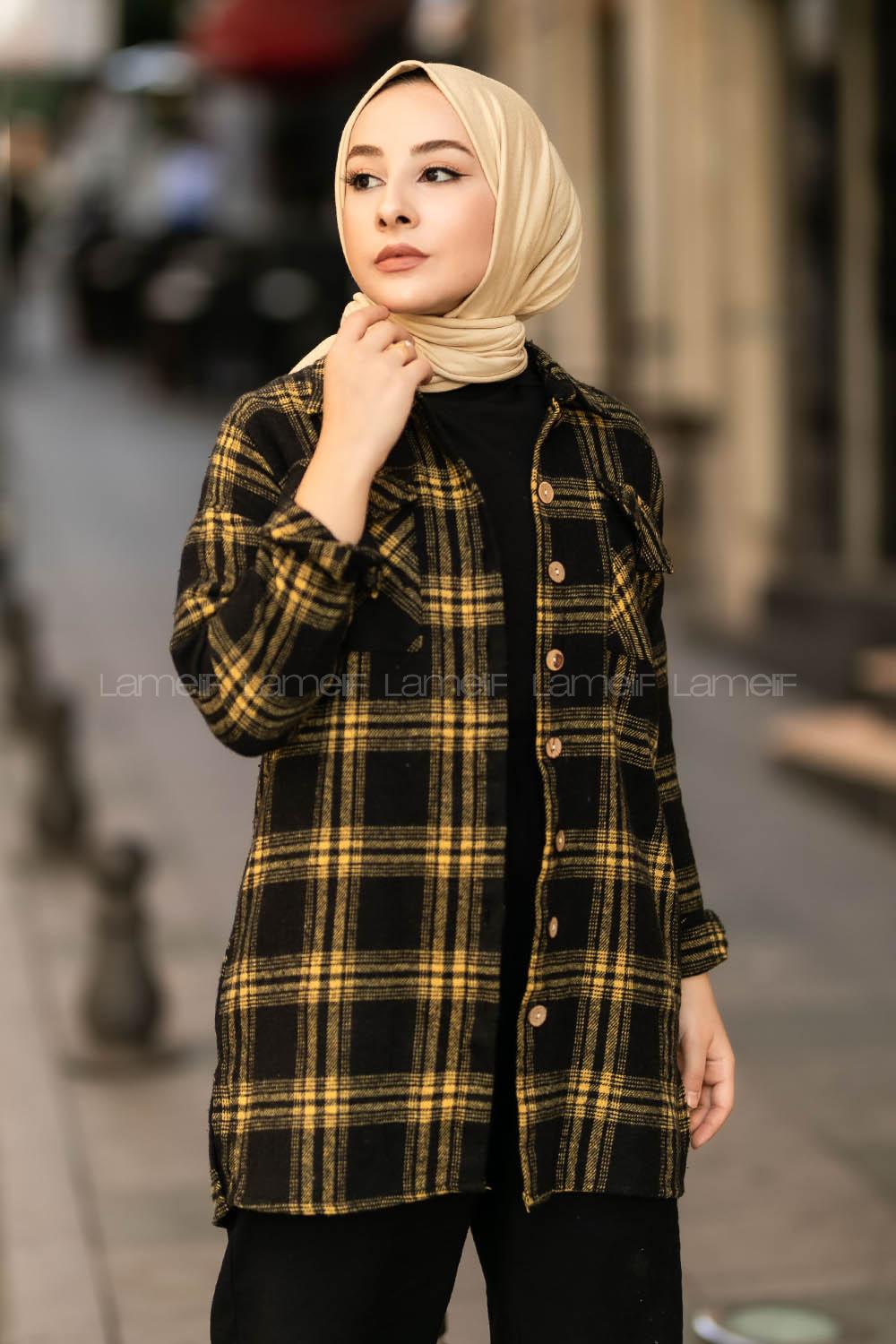 Modalamelif Ekose Desenli Çift Cepli Oduncu Gömlek Siyah-Sarı