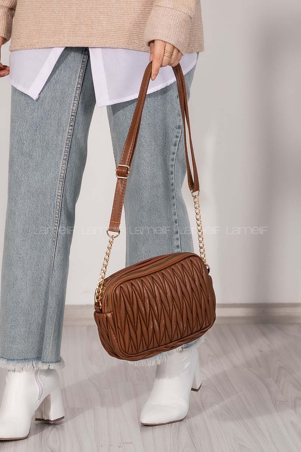 Lamelif Kadın Çok Bölmeli Kapitone Çapraz Çanta Kahverengi