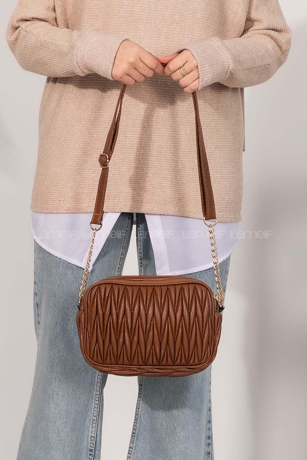 Lamelif Kadın Çok Bölmeli Kapitone Çapraz Çanta Kahverengi