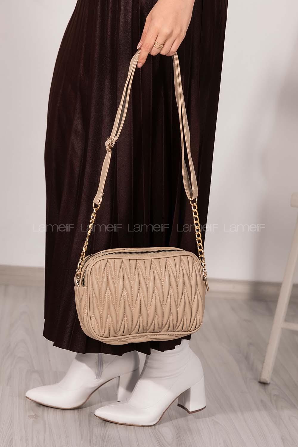 Lamelif Kadın Çok Bölmeli Kapitone Çapraz Çanta Vizonrengi