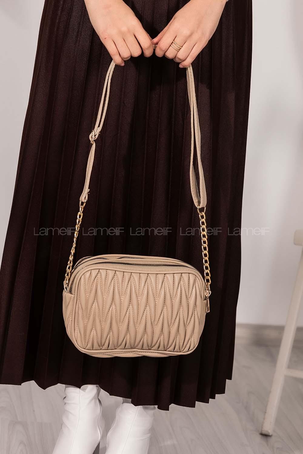 Lamelif Kadın Çok Bölmeli Kapitone Çapraz Çanta Vizonrengi