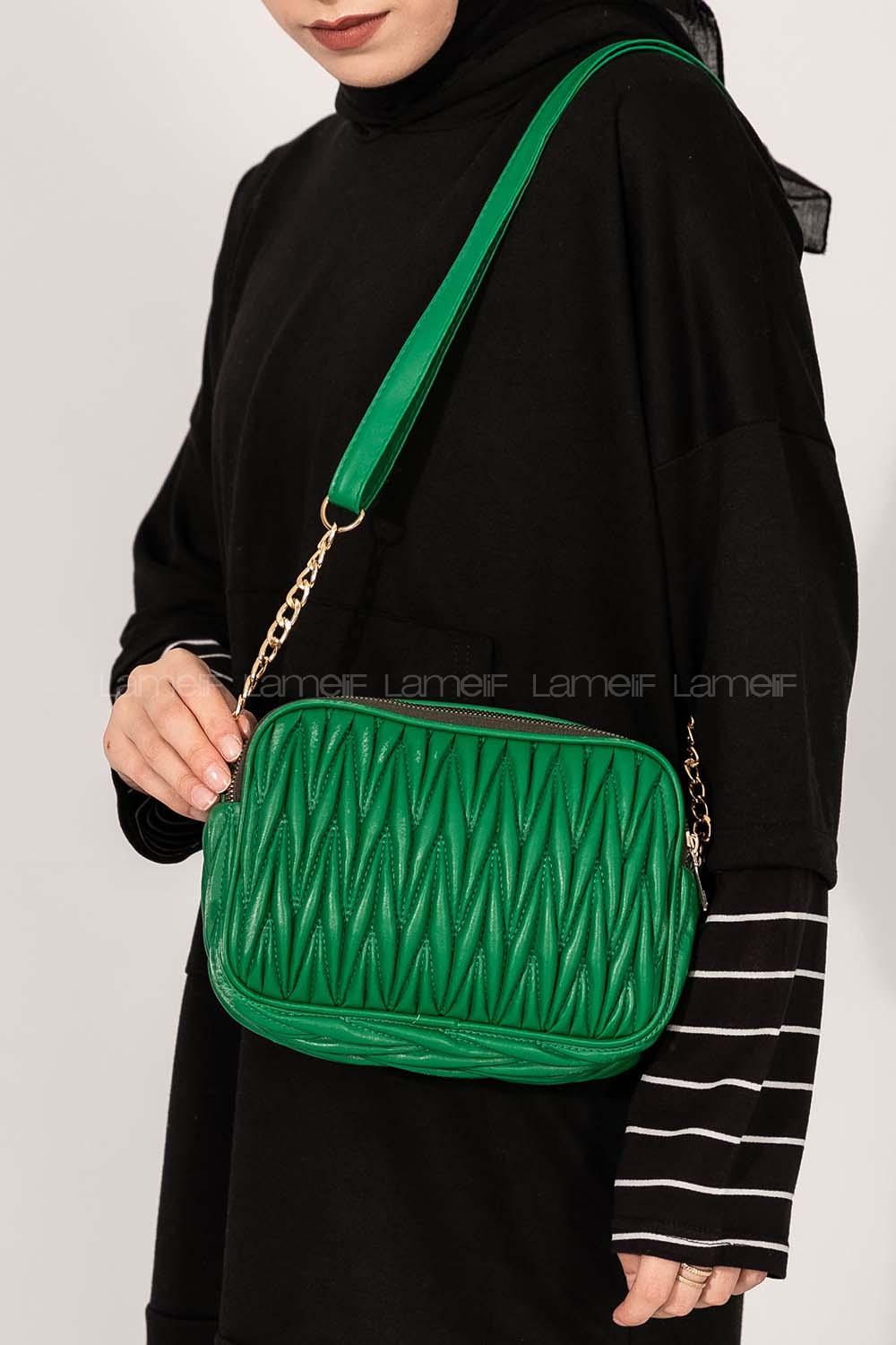 Lamelif Kadın Çok Bölmeli Kapitone Çapraz Çanta Yeşil