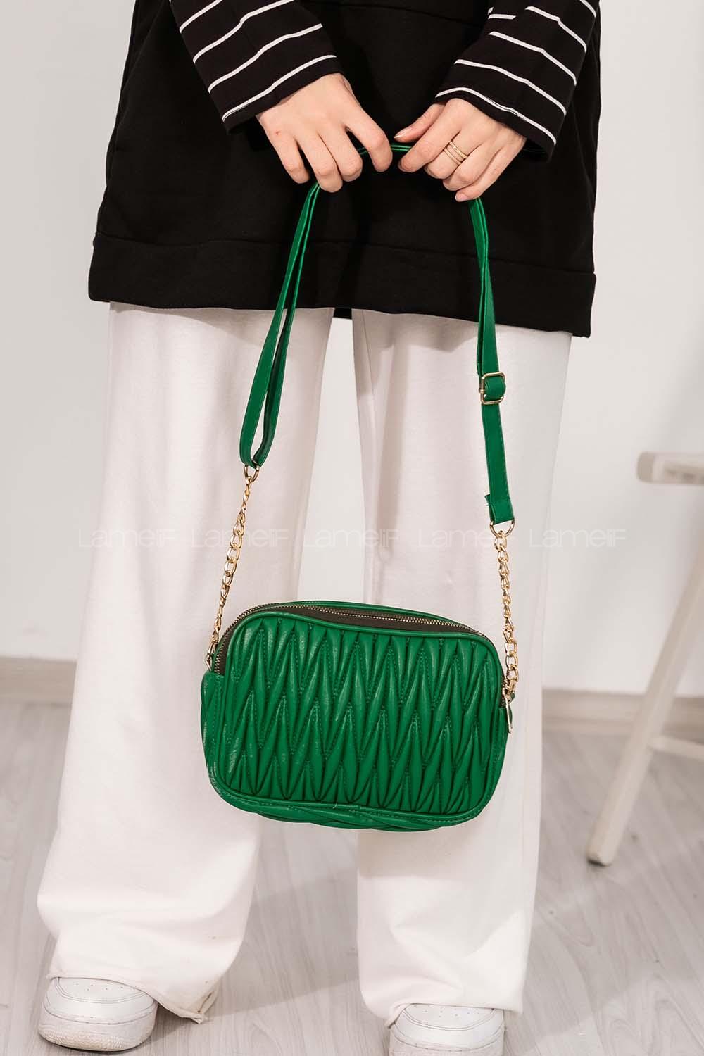 Lamelif Kadın Çok Bölmeli Kapitone Çapraz Çanta Yeşil