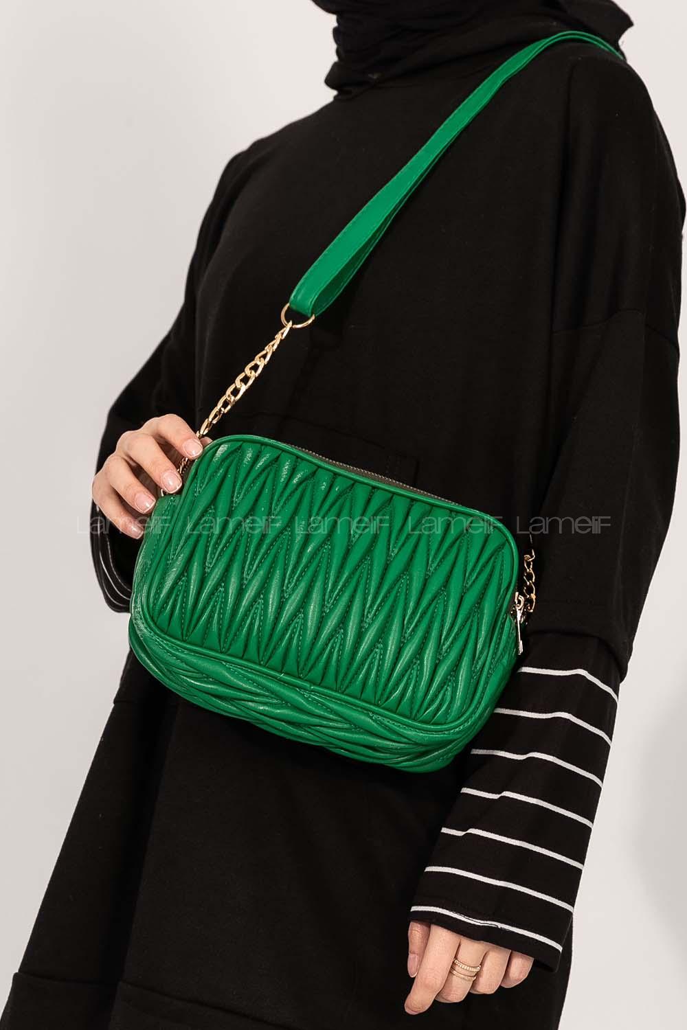 Lamelif Kadın Çok Bölmeli Kapitone Çapraz Çanta Yeşil