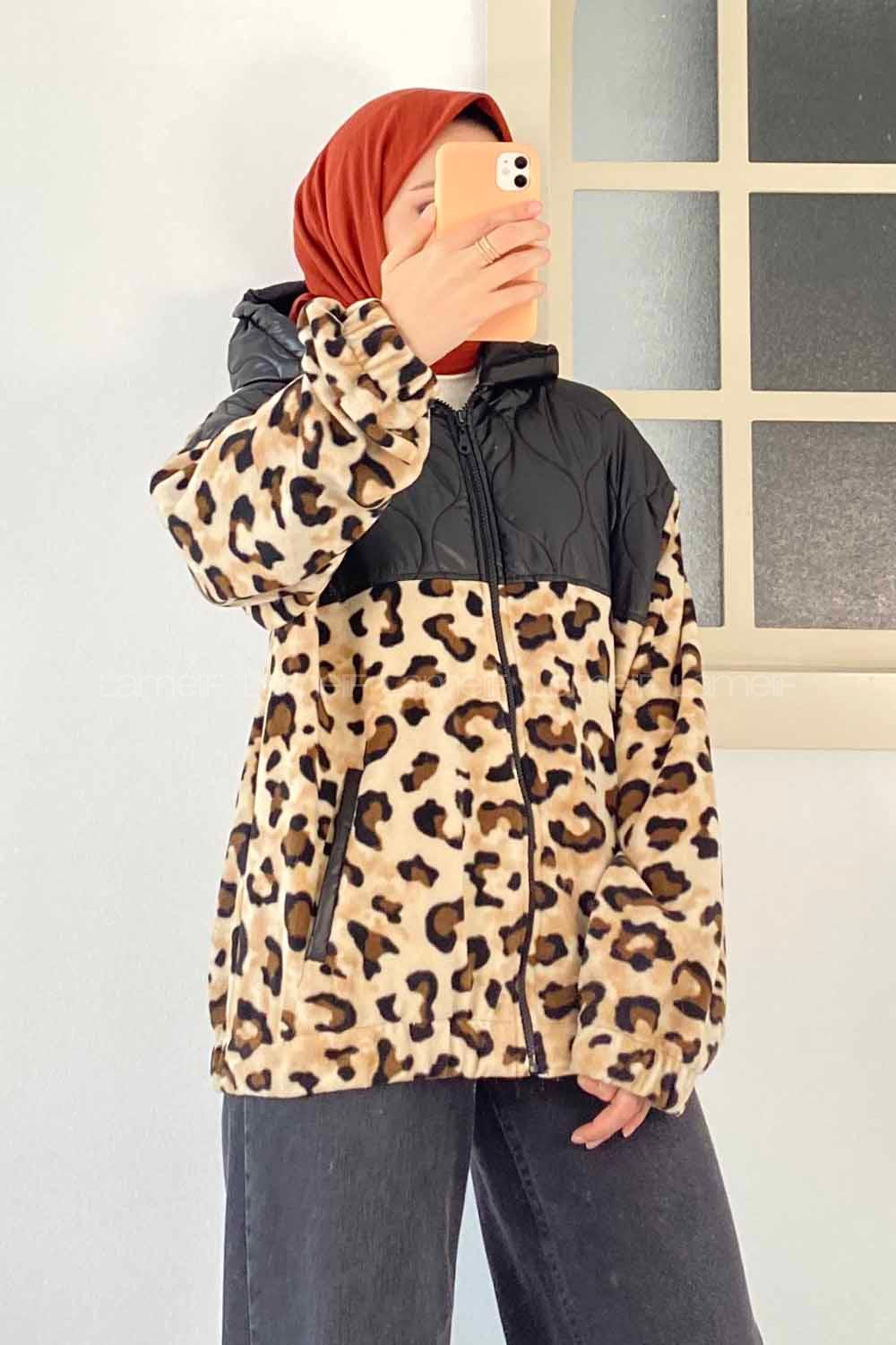 Modalamelif Kapşonlu Leopar Desenli Çift Cepli Mont Leopar
