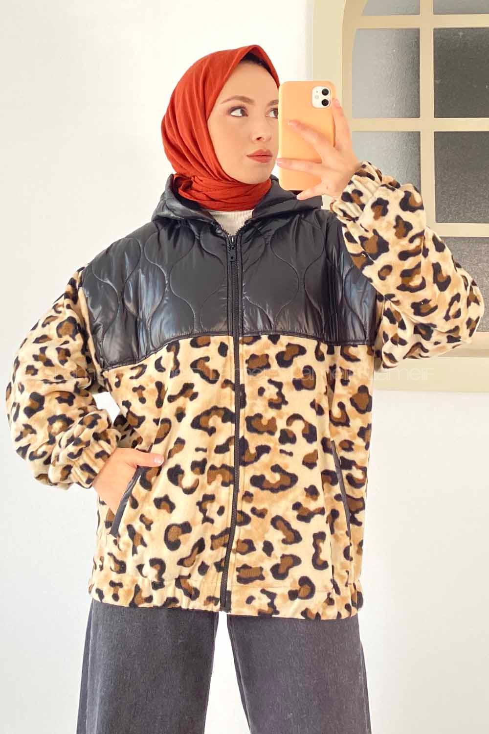Modalamelif Kapşonlu Leopar Desenli Çift Cepli Mont Leopar