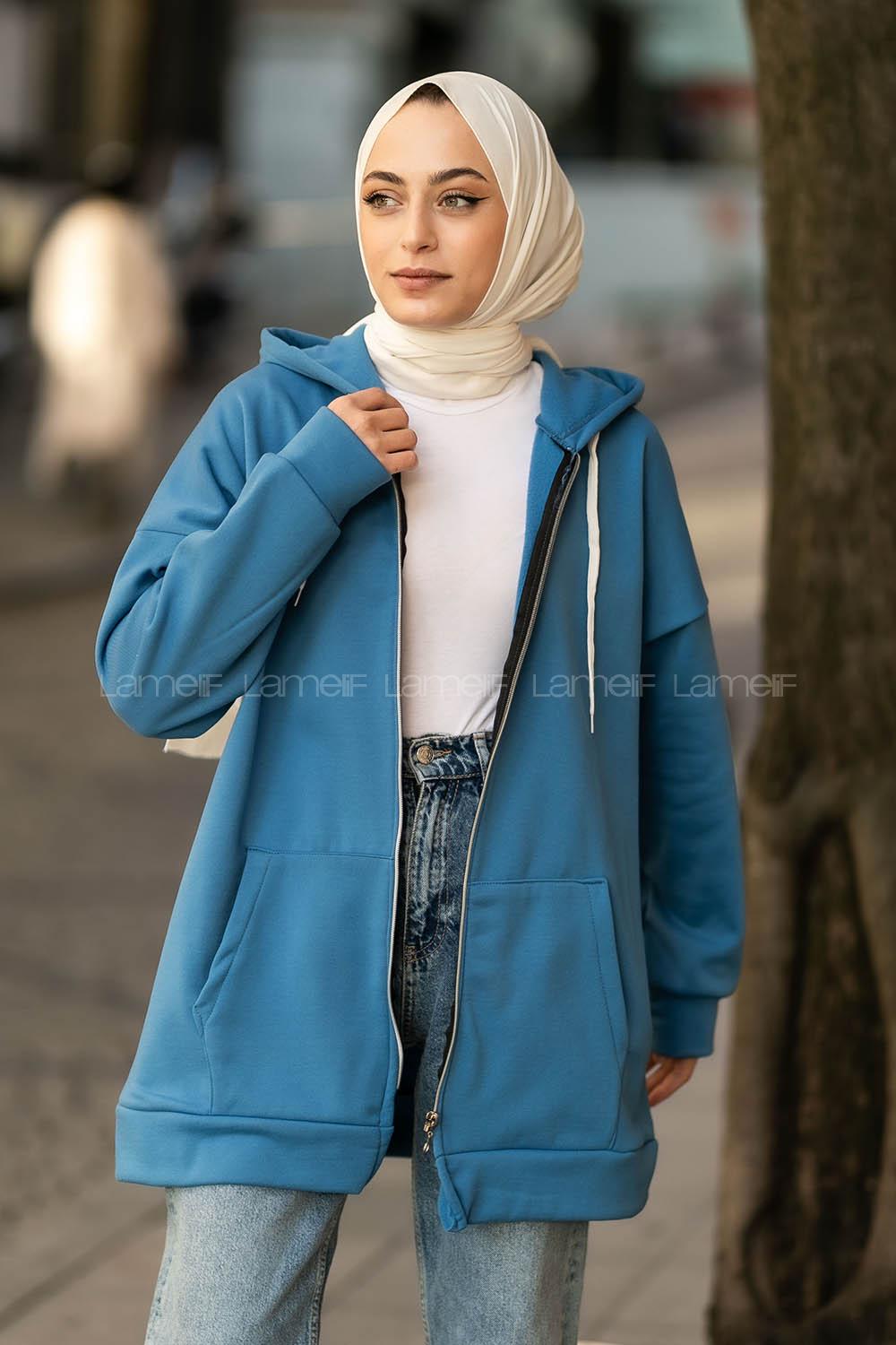 Modalamelif Kapüşonlu Boydan Fermuarlı Cepli Hırka Mavi