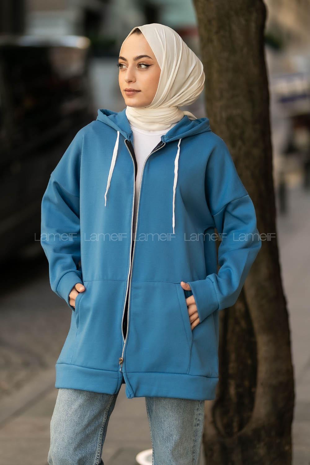Modalamelif Kapüşonlu Boydan Fermuarlı Cepli Hırka Mavi