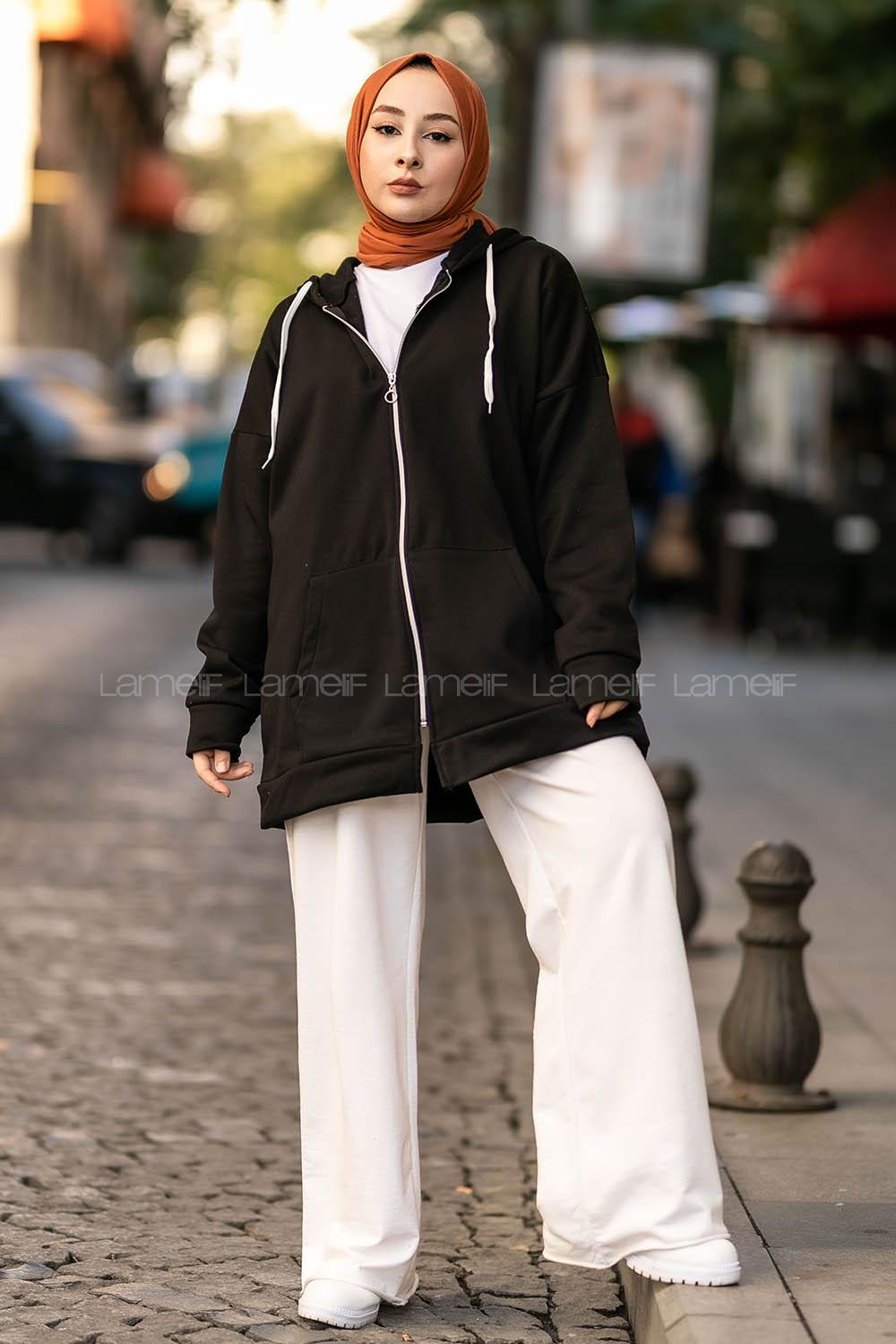 Modalamelif Kapüşonlu Boydan Fermuarlı Cepli Hırka Siyah