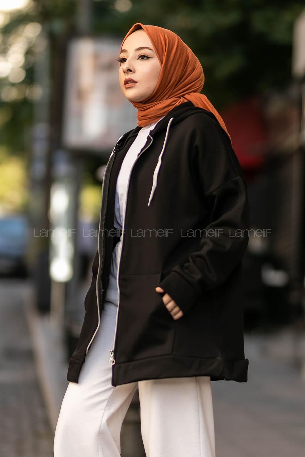 Modalamelif Kapüşonlu Boydan Fermuarlı Cepli Hırka Siyah