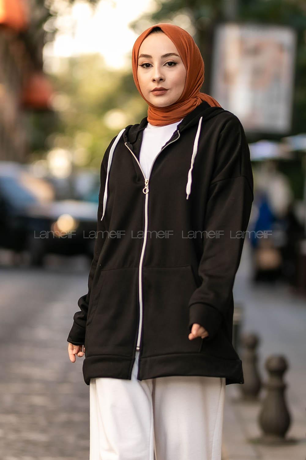 Modalamelif Kapüşonlu Boydan Fermuarlı Cepli Hırka Siyah