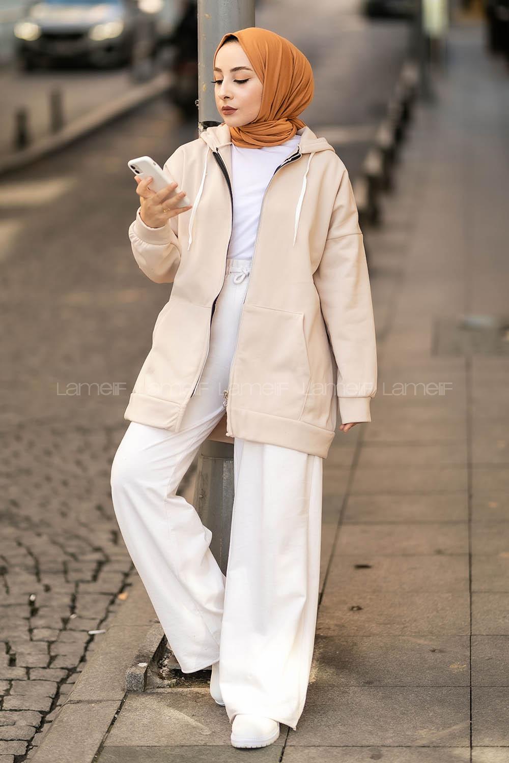 Modalamelif Kapüşonlu Boydan Fermuarlı Cepli Hırka Taşrengi