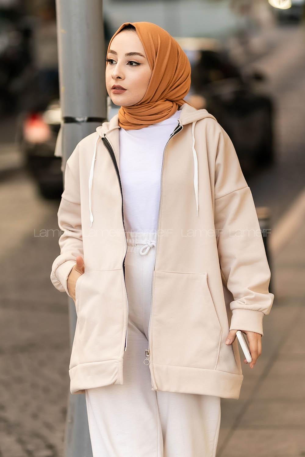 Modalamelif Kapüşonlu Boydan Fermuarlı Cepli Hırka Taşrengi