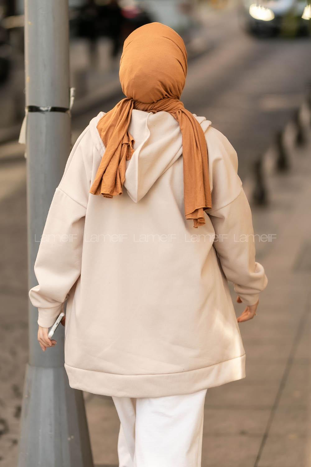 Modalamelif Kapüşonlu Boydan Fermuarlı Cepli Hırka Taşrengi