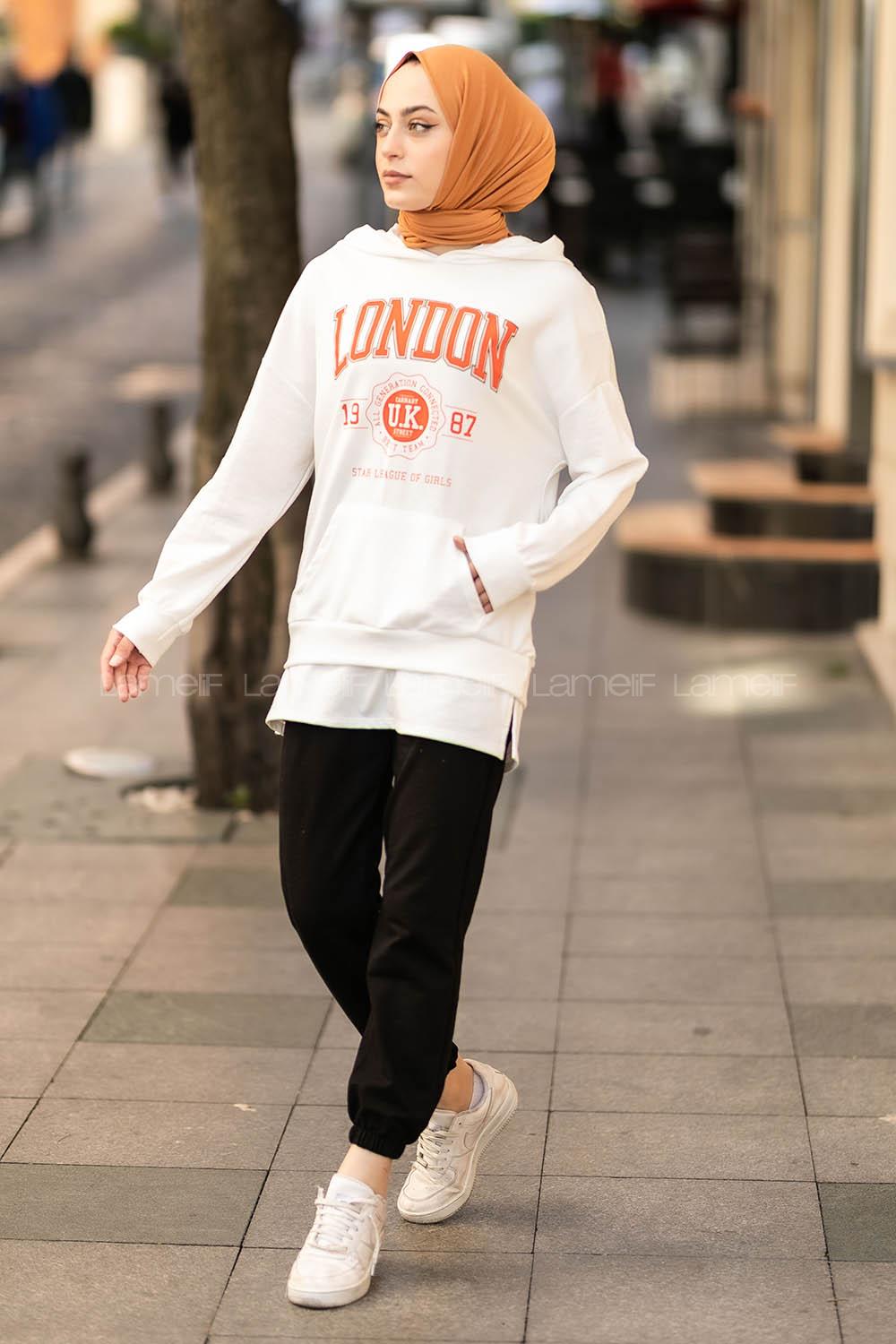 Modalamelif Kapüşonlu London Baskılı Kanguru Cepli Sweat Beyaz